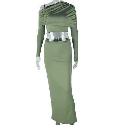Conjunto de dos piezas de top corto con hombros descubiertos, falda ajustada y manga larga de color liso informal para mujer
