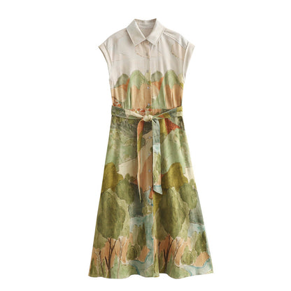 Women Fashion Casual Printed Sleeveless Shirt Dress