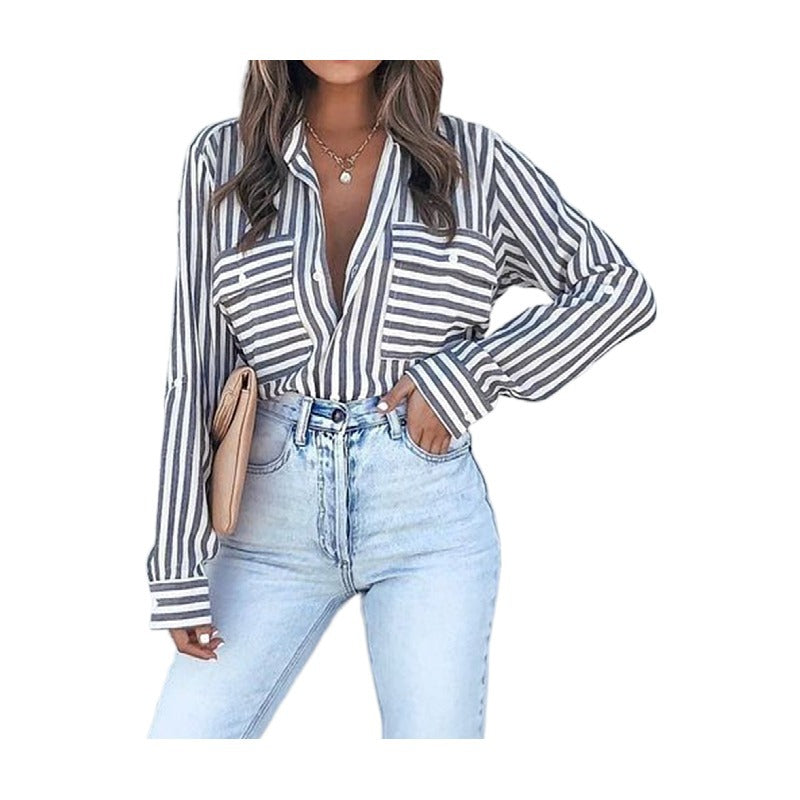 Women Casual Cotton Stripe Single-Breasted Long-Sleeved Shirt Blouse