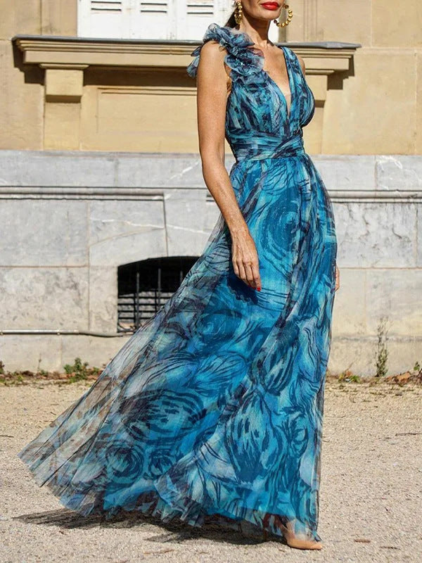 Summer Bohemian Vacation Women Casual Mesh Floral Maxi Dress