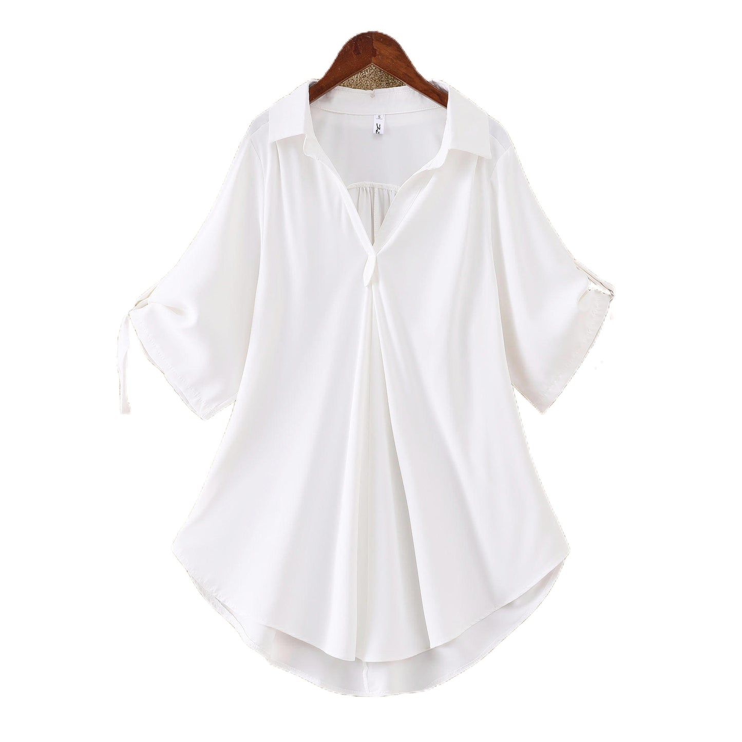 Women Fashion Casual Solid Color Mid-Length Short-Sleeved Chiffon Shirt Blouse