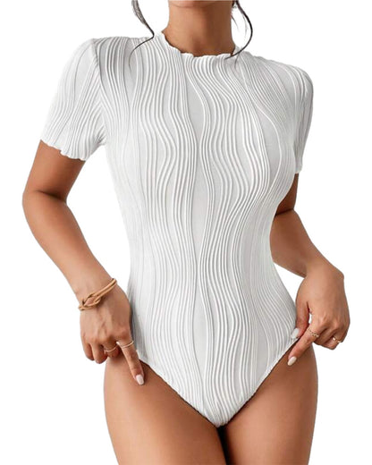 Women Fashion Casual Corrugated Round Neck Short Sleeve Bodysuits
