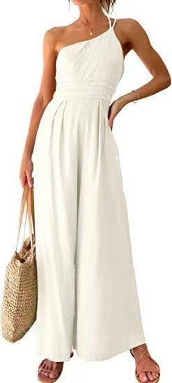 Women Fashion Casual Solid Color Cotton Linen Slant Shoulder Sleeveless Jumpsuit