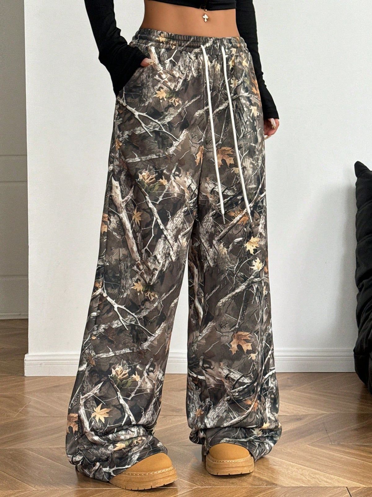 Women Fashion Casual Elastic Waist Camouflage Printed Wide Leg Pants
