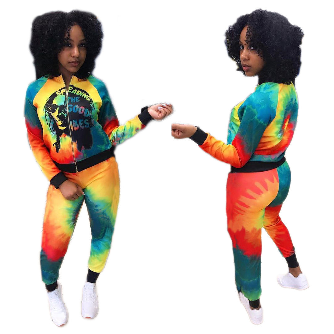 Conjunto de dos piezas informal de moda para mujer, con top y pantalón de manga larga con cremallera y estampado tie-dye