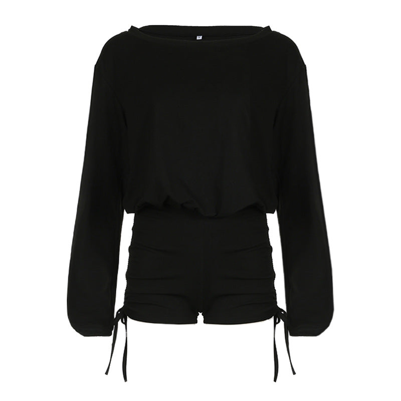 Women Fashion Casual Off-Shoulder Long-Sleeved Pleated Drawstring Tight Rompers