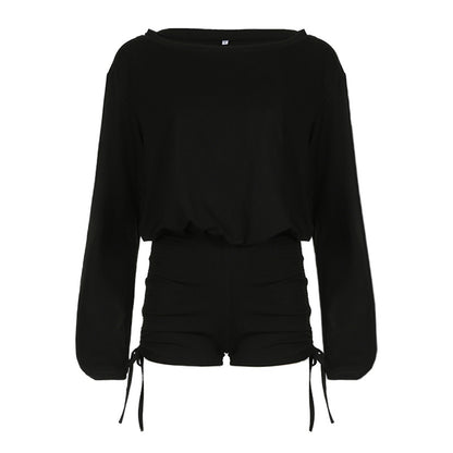 Women Fashion Casual Off-Shoulder Long-Sleeved Pleated Drawstring Tight Rompers