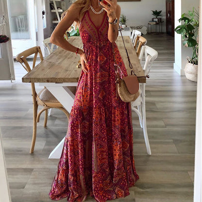 Vestido largo bohemio informal con estampado de flores diminutas y escote en V con tirantes para mujer