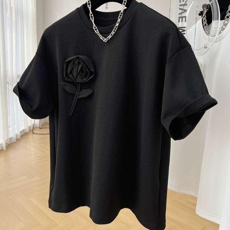 Camisetas casuales de algodón con cuello redondo y flores para mujer