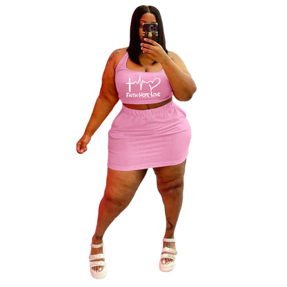 Conjunto de dos piezas de top corto y falda con estampado de letras Faith Love, informal, deportivo, sin mangas, talla grande, para mujer