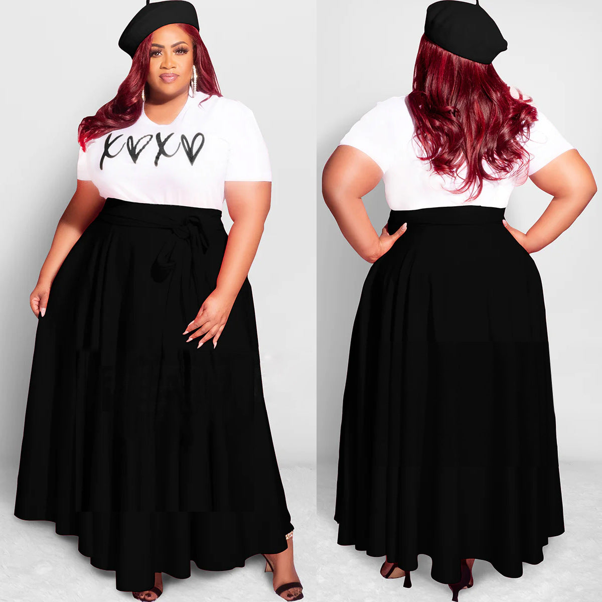 Women Casual Plus Size Letter Print High Waist Pleated Dress