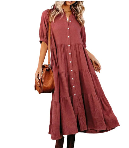 Summer Women Casual Solid Color Button Loose Shirt Dress