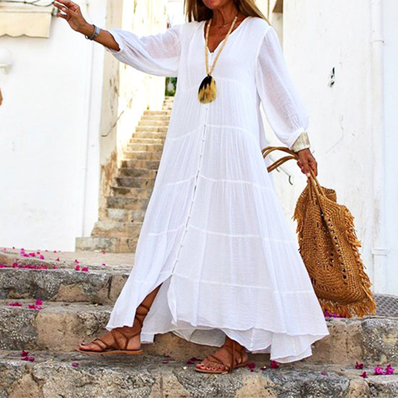 Summer Women Casual Solid Color Bohemian V-Neck Long Sleeve Cotton And Linen Maxi Dress