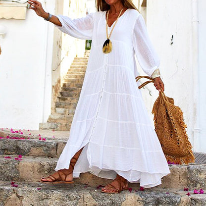 Summer Women Casual Solid Color Bohemian V-Neck Long Sleeve Cotton And Linen Maxi Dress