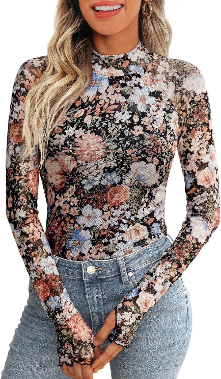 Blusa informal de manga larga con encaje y estampado floral para mujer