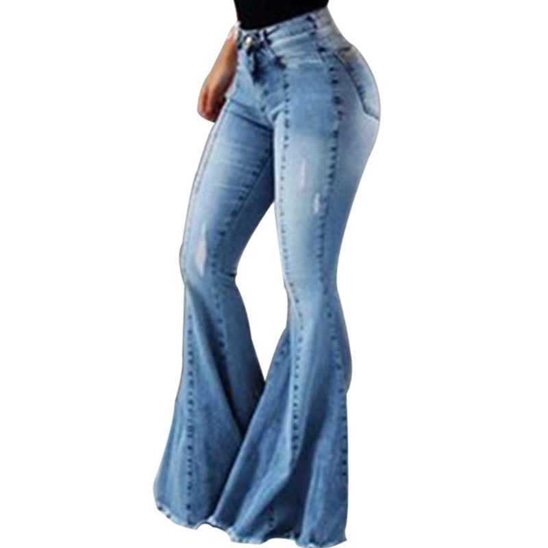 Women Fashion Casual Stretch High Waist Ripped Flared Jeans