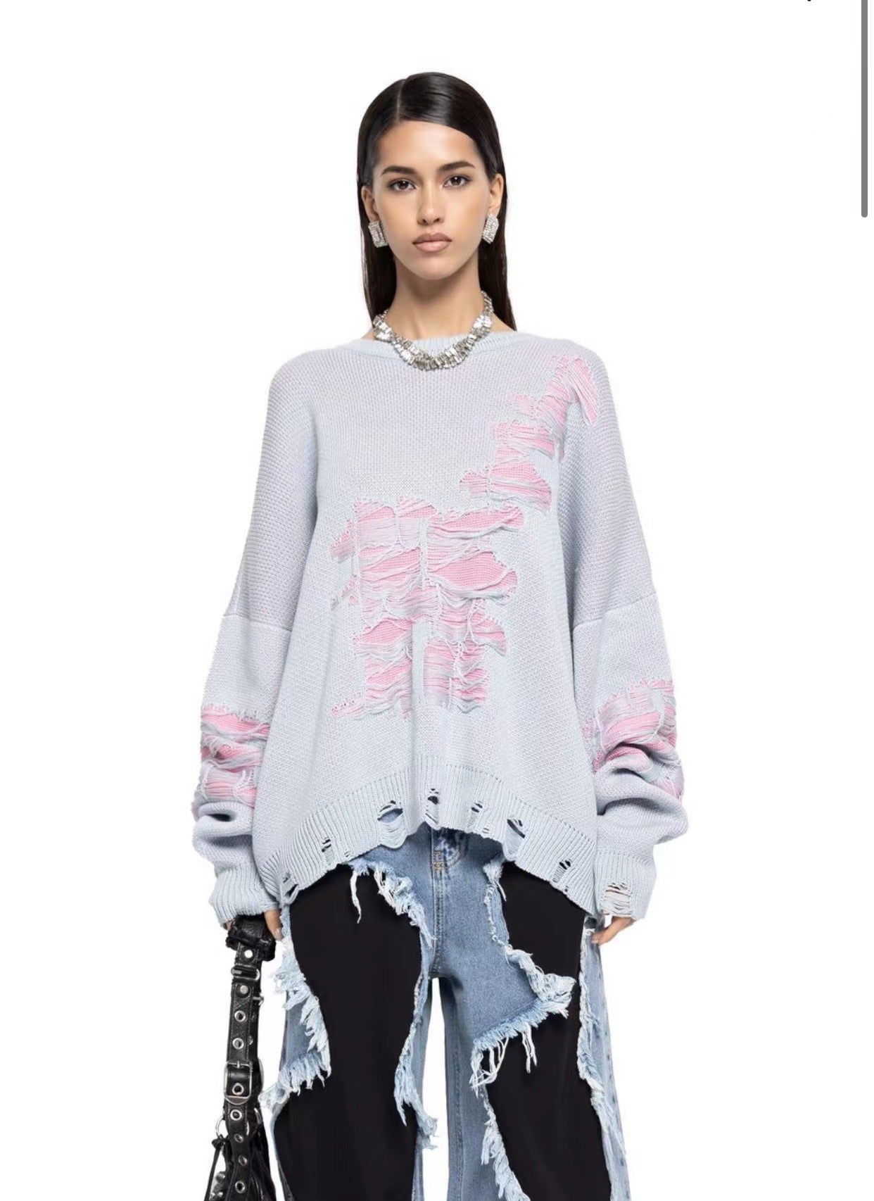y2k Winter Street Fashion Women Casual Loose Ripped Color-Matching Long-Sleeved Knitted Sweater