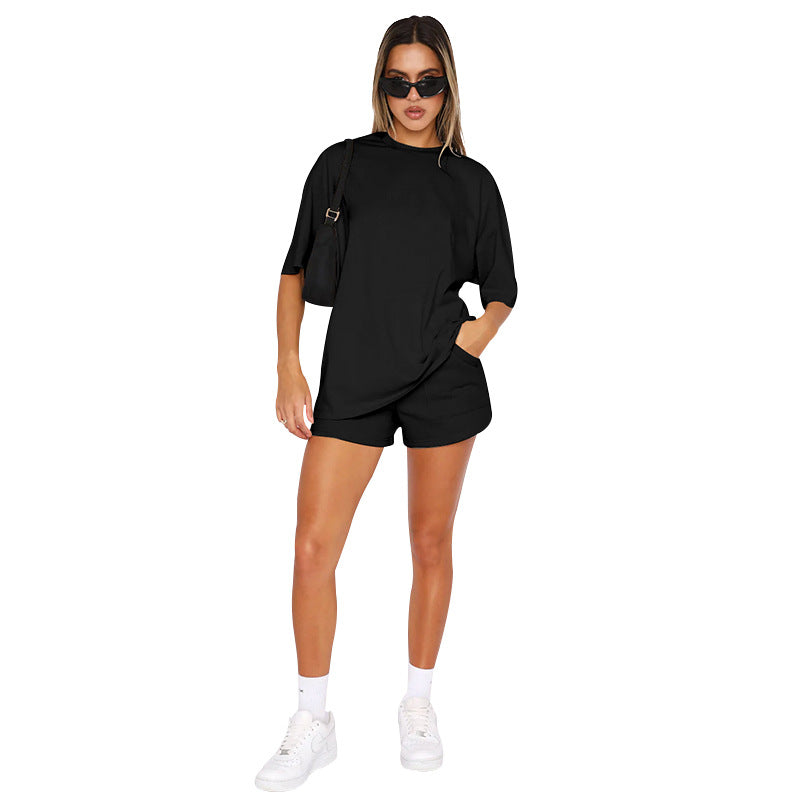Conjunto de dos piezas de pantalones cortos de manga corta de color liso informal a la moda para mujer