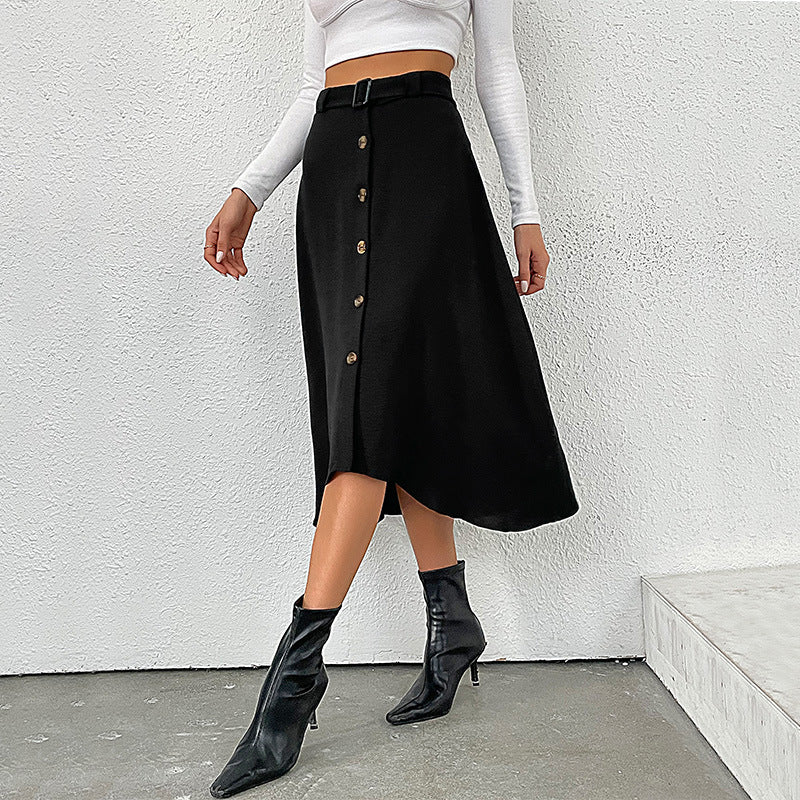 Autumn Women Casual Solid Color Single Buttons Irregular Skirt