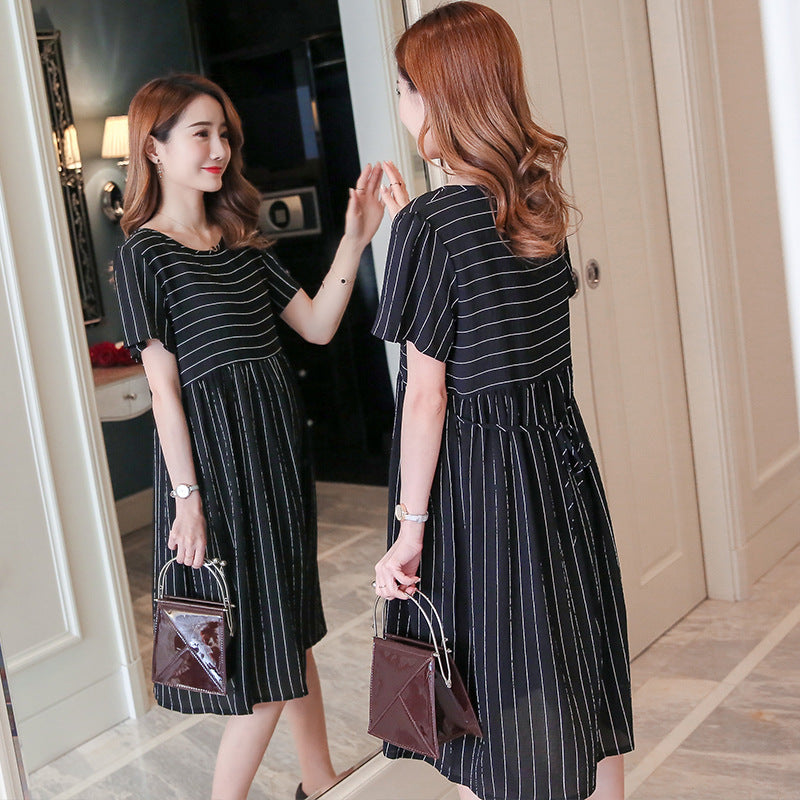 Pregnant Women Fashion Casual Stripe Lapel Short-Sleeve Lace-Up Loose Dress