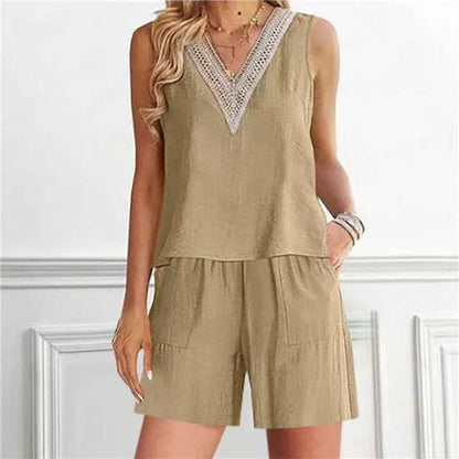 Conjunto informal de 2 piezas de top y pantalones cortos sin mangas con cuello en V de lino y algodón para mujer