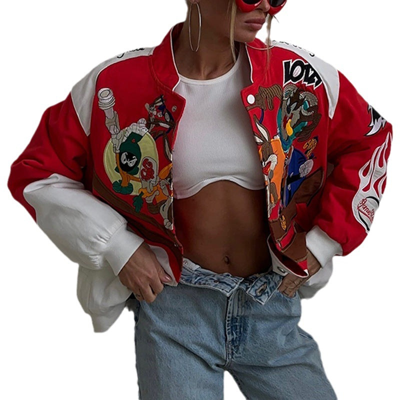 Women Fashion Casual Letter Cartoon Print Long Sleeve Baseball Jacket Coat