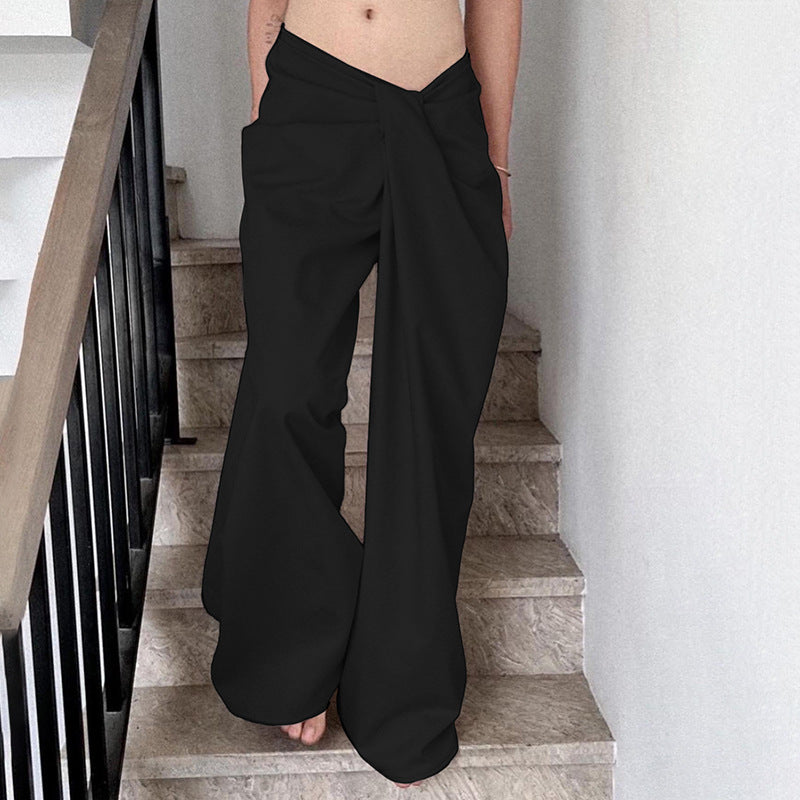 Women Fashion Irregular Kink Low Waist Casual Wide Leg Pants
