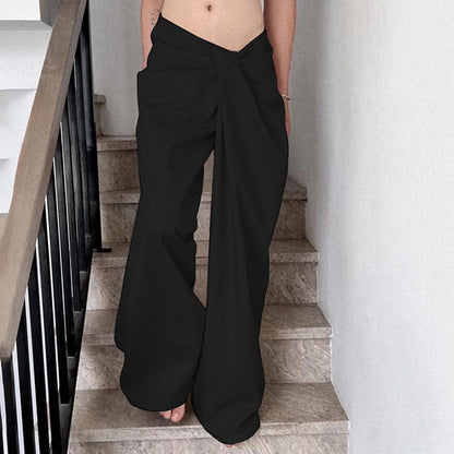 Women Fashion Irregular Kink Low Waist Casual Wide Leg Pants