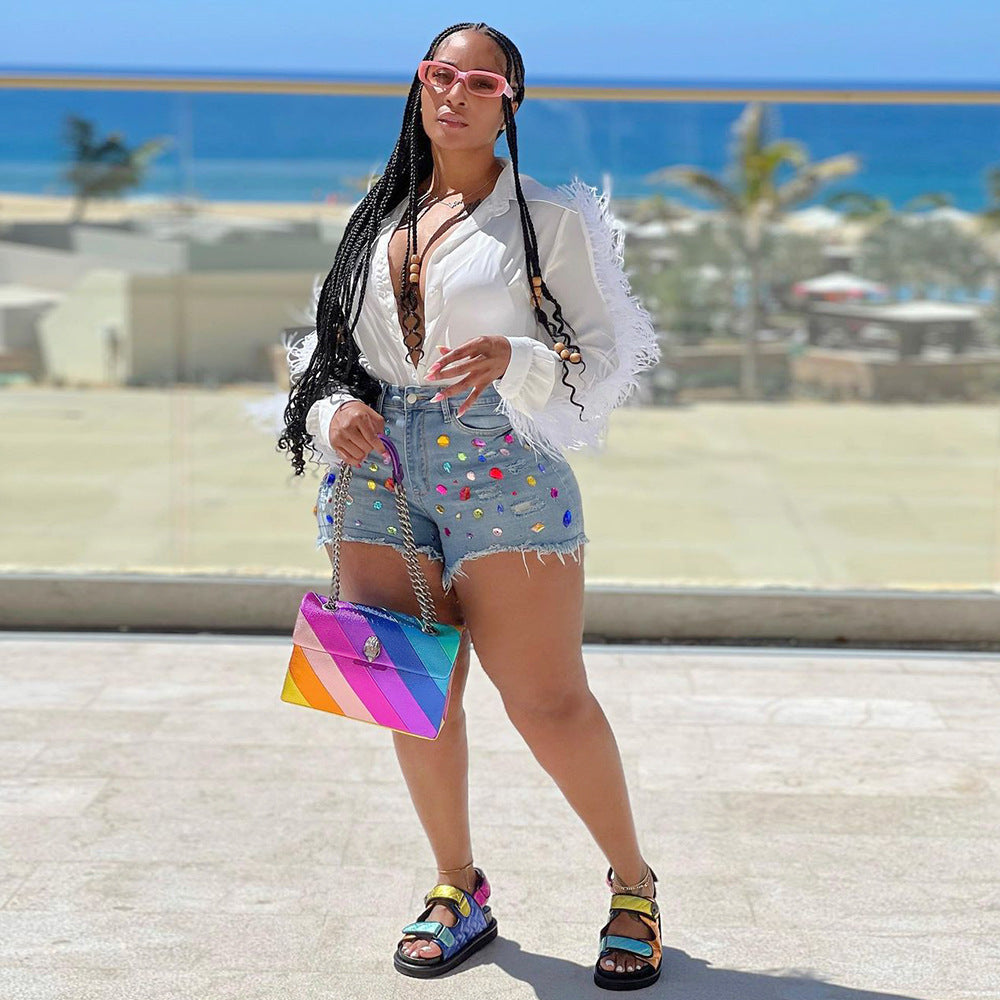 Women Fringed Brushed Denim Shorts Color Diamond Jeans Casual Straight Shorts