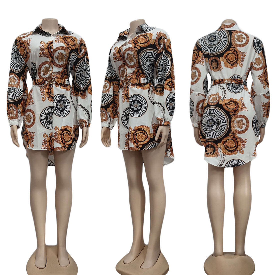 Women Fashion Casual Printed Lapel Long-Sleeve Belt Dress