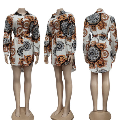 Women Fashion Casual Printed Lapel Long-Sleeve Belt Dress