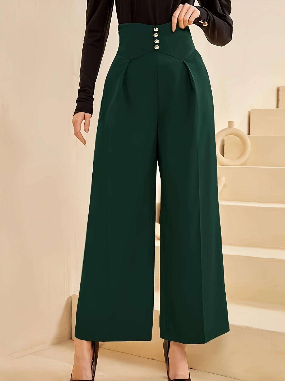 Women Fashion Casual Plus Size Solid Color High Waist Wide Leg Buckle Pants