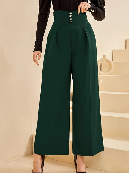 Women Fashion Casual Plus Size Solid Color High Waist Wide Leg Buckle Pants
