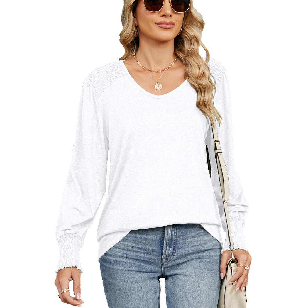 Camiseta informal holgada plisada de color liso con cuello en V y mangas farol para mujer