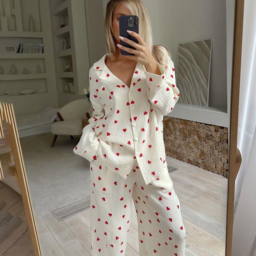 Conjunto de pijama informal de manga larga con estampado de corazones para mujer