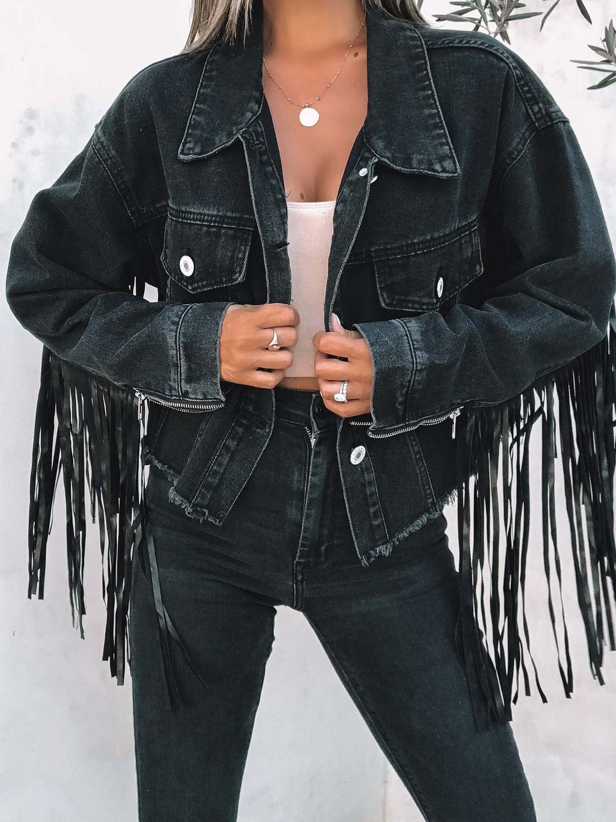 Chaqueta vaquera informal holgada con borlas cruzadas para mujer