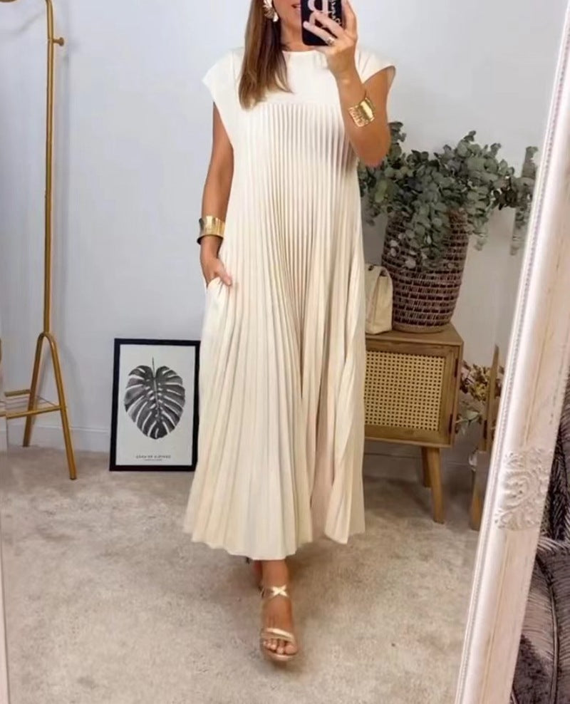 Women Fashion Casual Round Neck Short Sleeve Pleated Maxi Dress