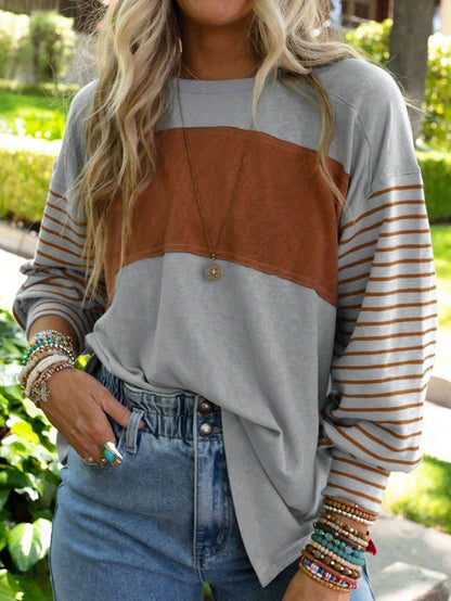 Camiseta informal de verano con estampado de rayas y cuello redondo y manga larga para mujer