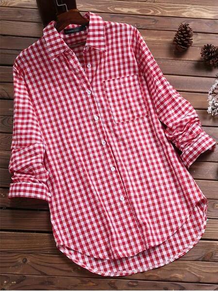 Blusa informal de manga larga con solapa a cuadros y botonadura sencilla para mujer