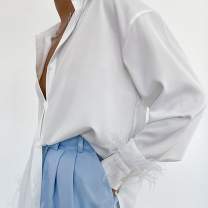 Blusa informal de seda helada de color liso con costuras de plumas para mujer, manga larga, solapa y botonadura sencilla