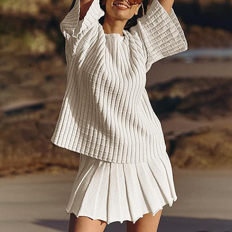 Women Fashion Casual Knitted Stripe Long Sleeve Sweater Pleated Skirts 2-Piece Set