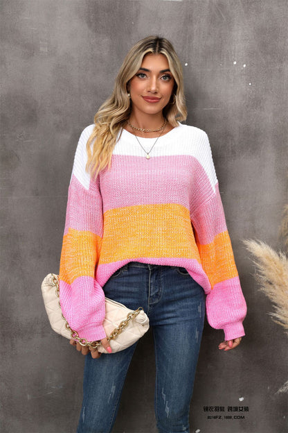 Suéter de rayas con bloqueo de color informal de moda para mujer de otoño e invierno