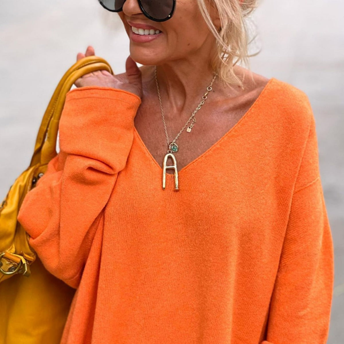 Women Casual Solid Color V-Neck Long Sleeve Knitted Sweater