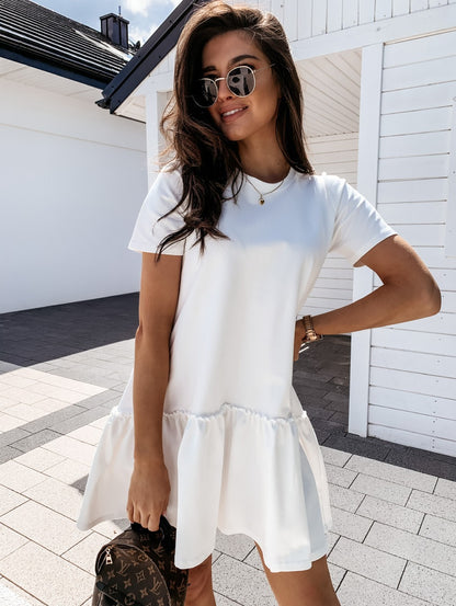 Women Casual Summer Solid Color Short-sleeved Loose Round Neck Ruffle Dress