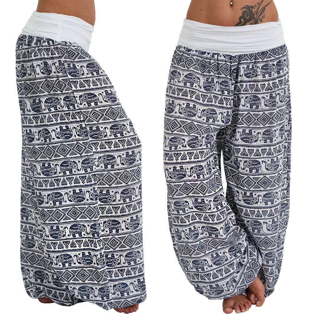 Women Casual Loose Printed High Waist Plus Size Wide Leg Pants