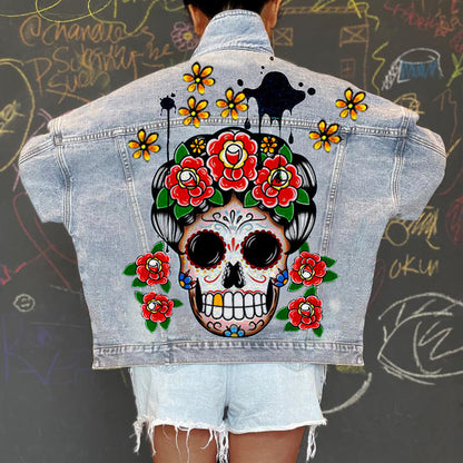 Chaqueta vaquera informal de manga larga con estampado gráfico y botonadura sencilla para mujer