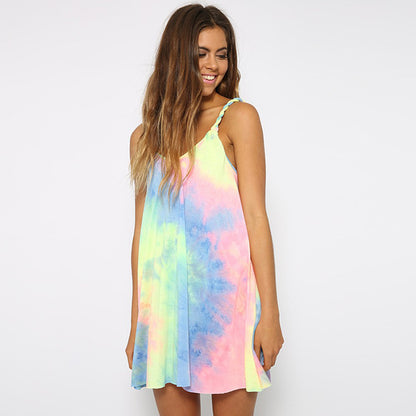 Summer Women Casual Edgy Tie Dye Beach Mini Slip Dress