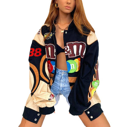 Chaqueta de béisbol holgada de manga larga con estampado de bloques de colores informal a la moda para mujer