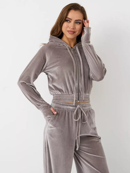 Conjunto de dos piezas de cárdigan con cremallera y pantalones de terciopelo con cordones para mujer, informal y a la moda.