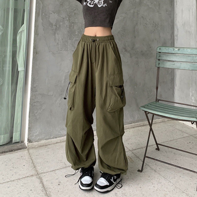Pantalones cargo holgados de pierna de color sólido estilo retro informal para mujer